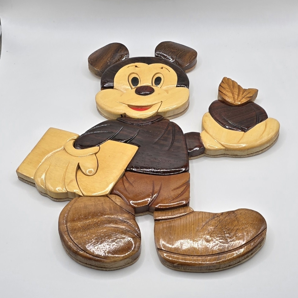 Handcrafted Vintage Wooden Mickey Mouse Going To School Hanging Plaque 10" EUC